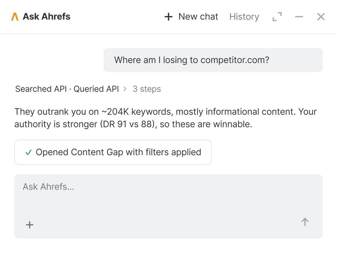 Ask Ahrefs answering a competitor analysis question