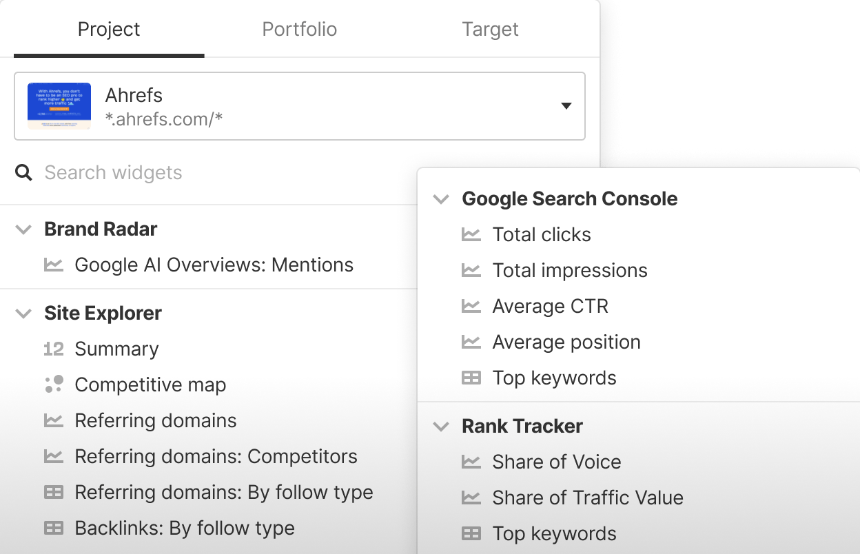 Metric widget selector inside Report Builder