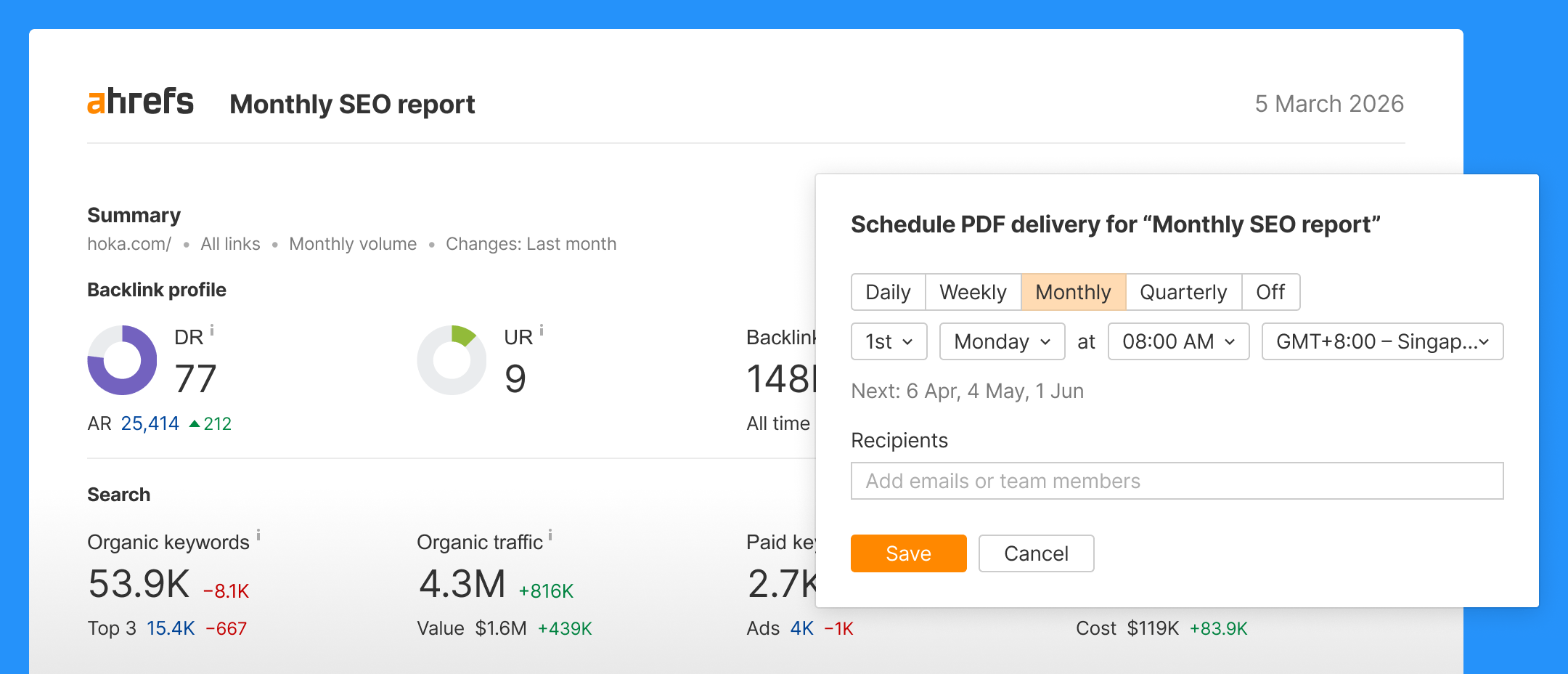 Report scheduling interface with recipient settings