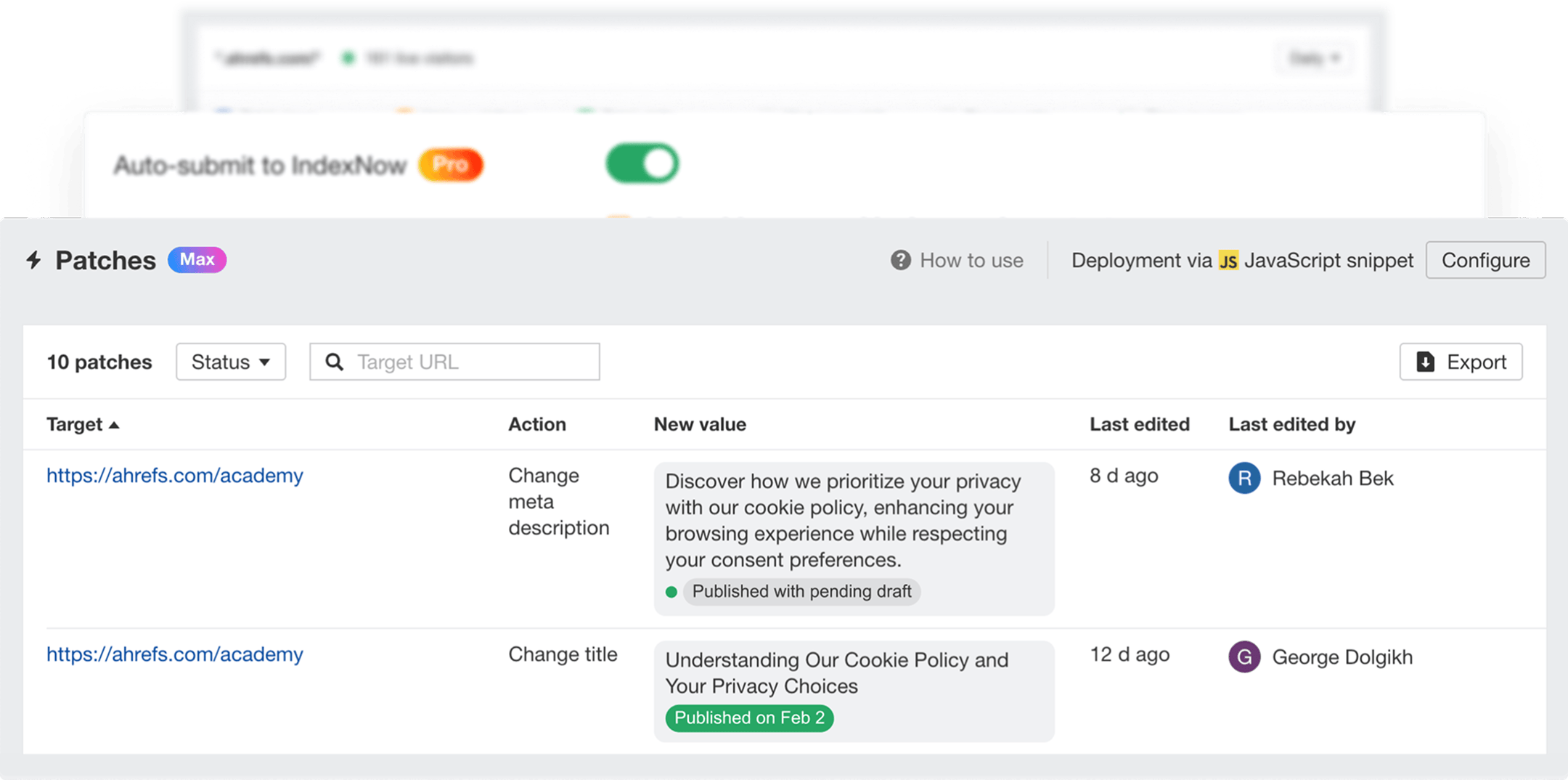 Ahrefs Patches interface with SEO fixes table showing meta changes and publication status