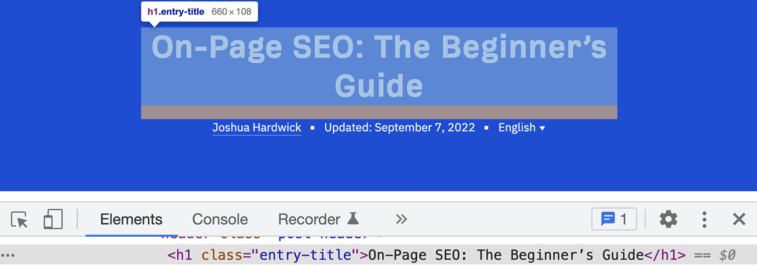 Chrome DevTools Elements panel inspecting an H1 tag on a webpage