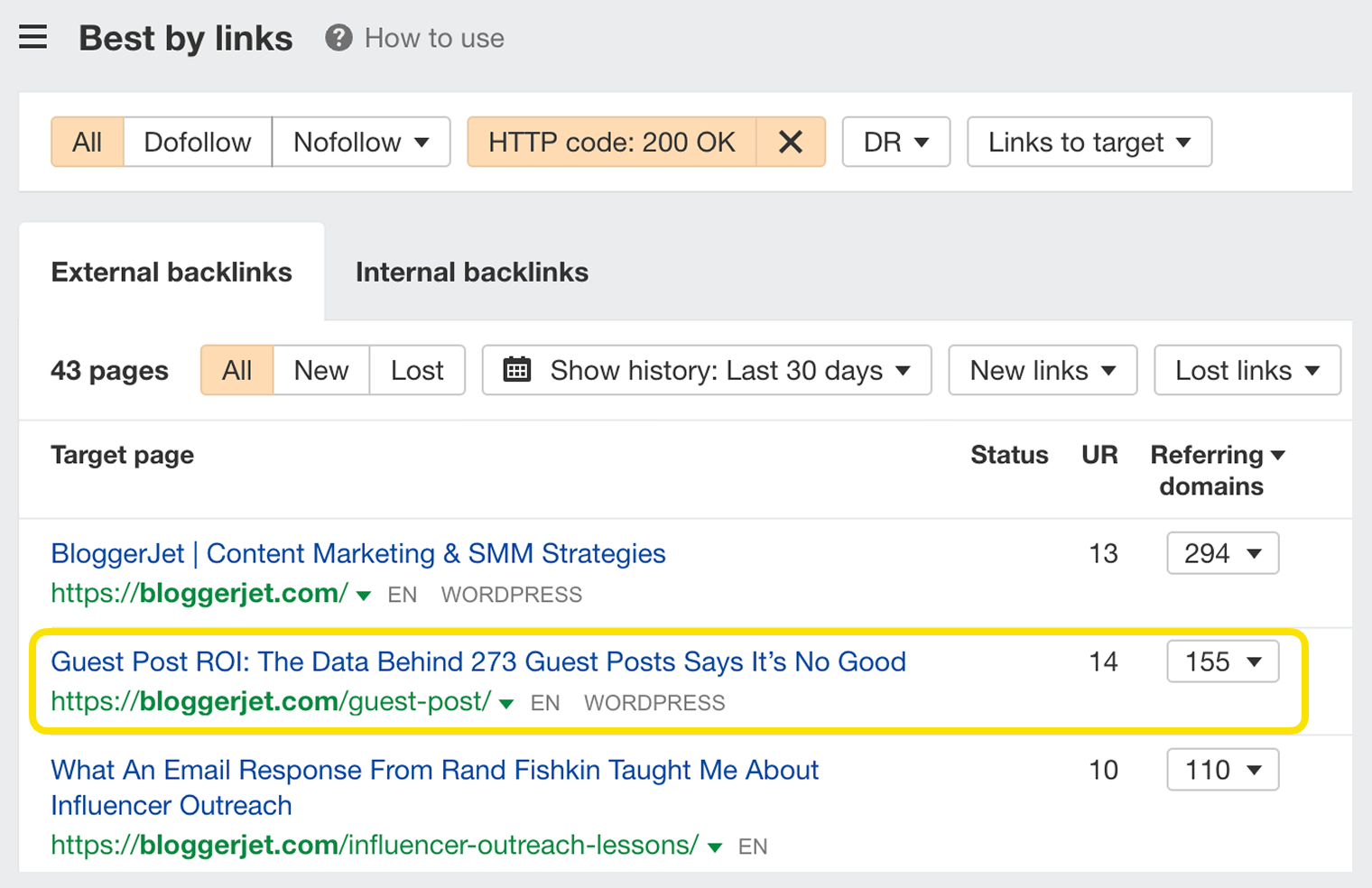 Screenshot of Best by links report in Ahrefs Site Explorer showing external backlinks for a blog