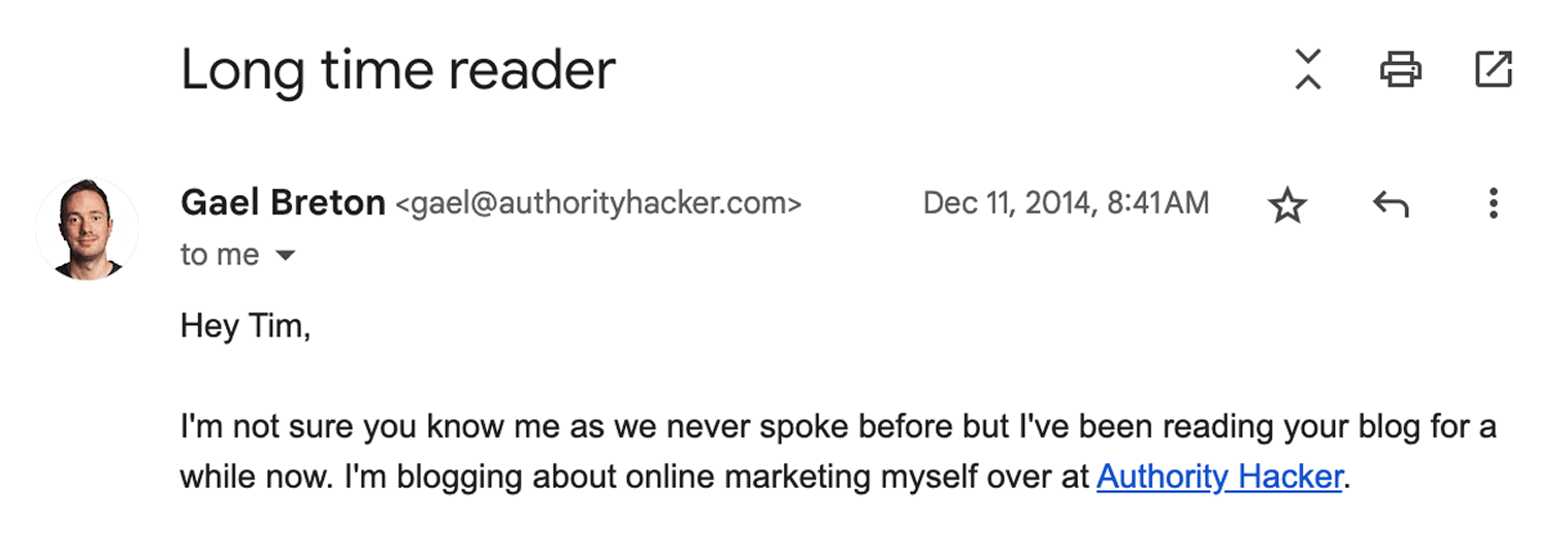 Screenshot of an email from Gael Breton of Authority Hacker from 2014