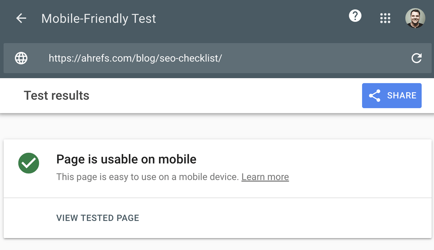 Google Mobile-Friendly Test results showing a page is usable on mobile
