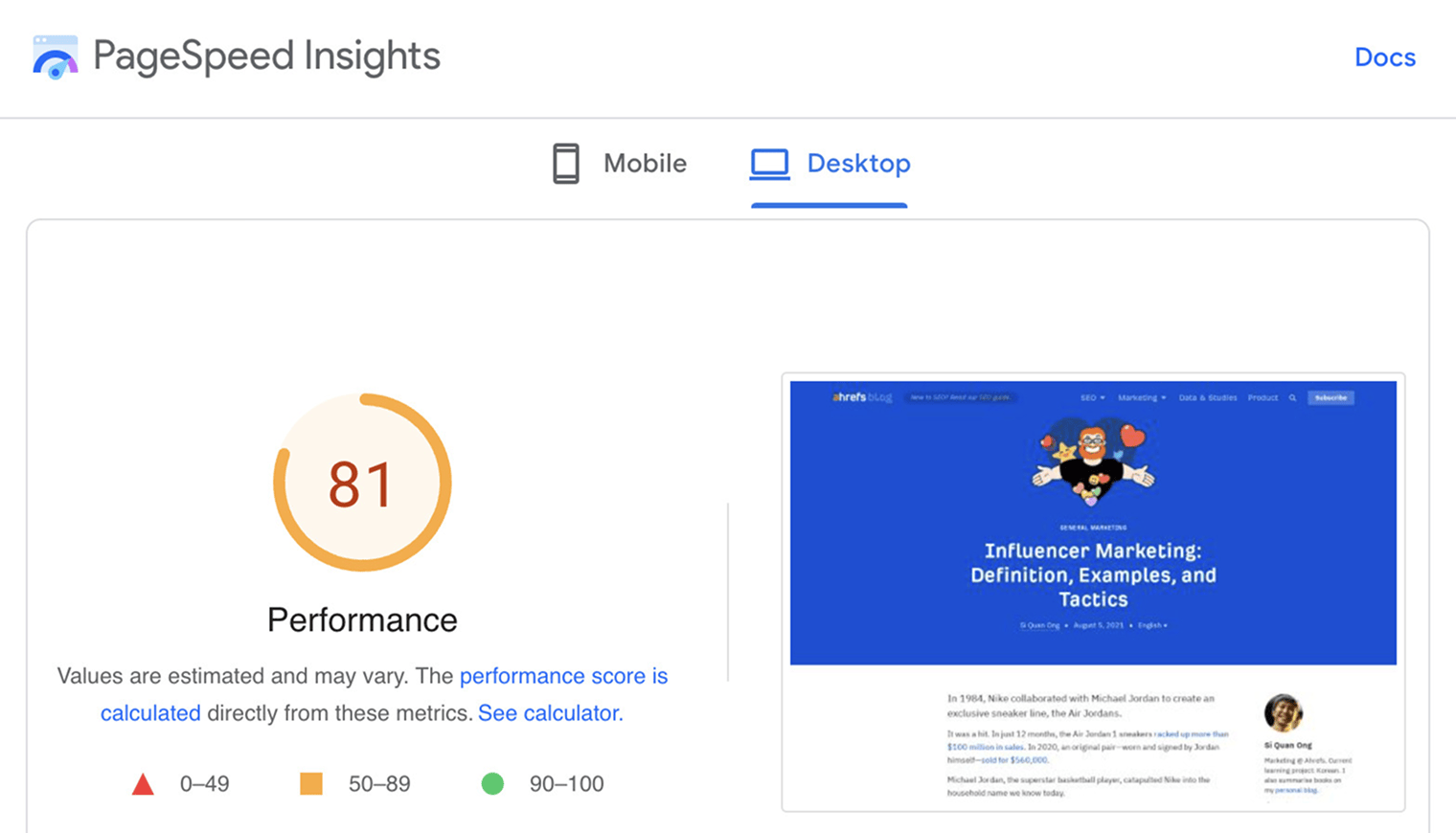 Google PageSpeed Insights showing a performance score of 81 for a webpage on desktop