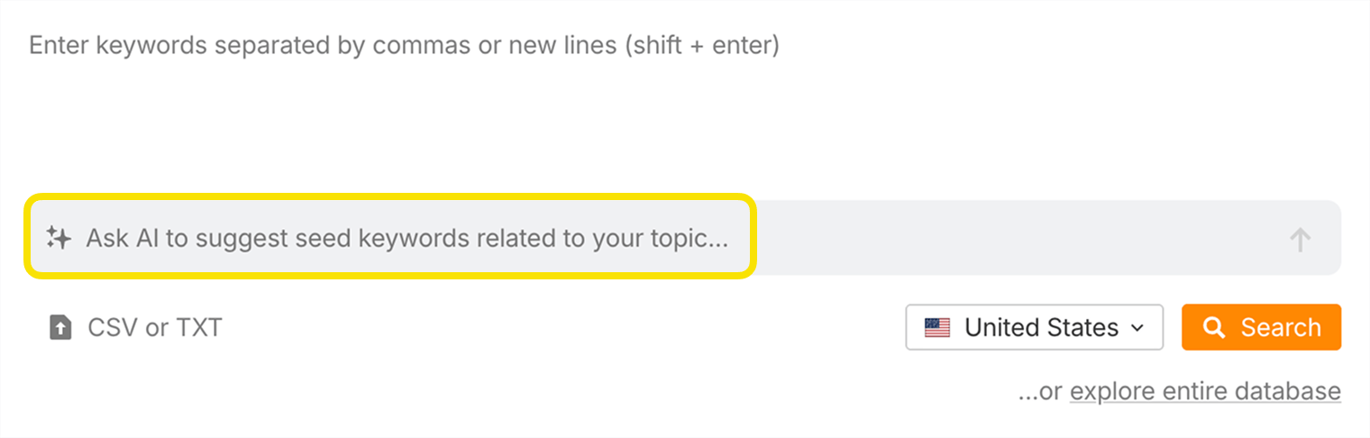 Ahrefs Keywords Explorer Ask AI feature generating seed keyword suggestions