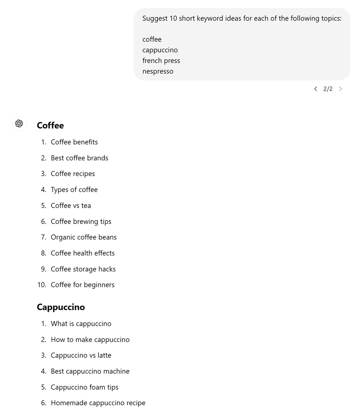 ChatGPT being used to brainstorm keyword ideas from seed keywords