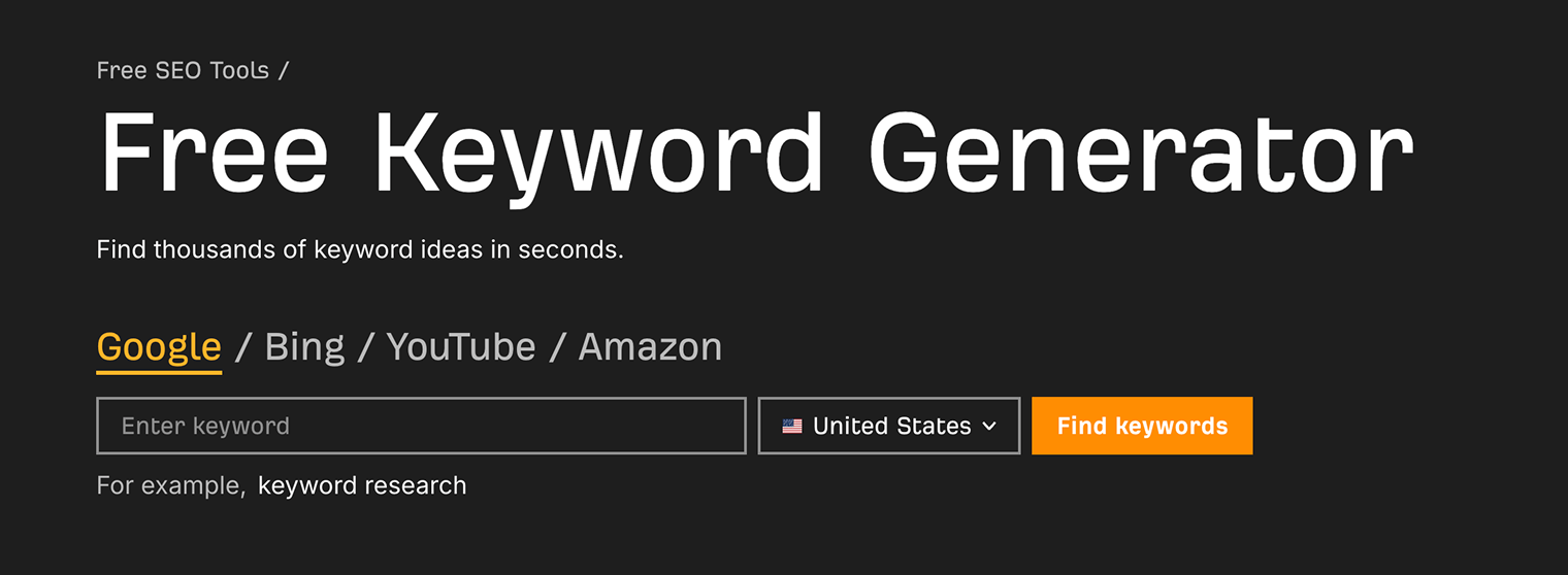 Ahrefs’ Free Keyword Generator tool landing page with a search input field for entering seed keywords