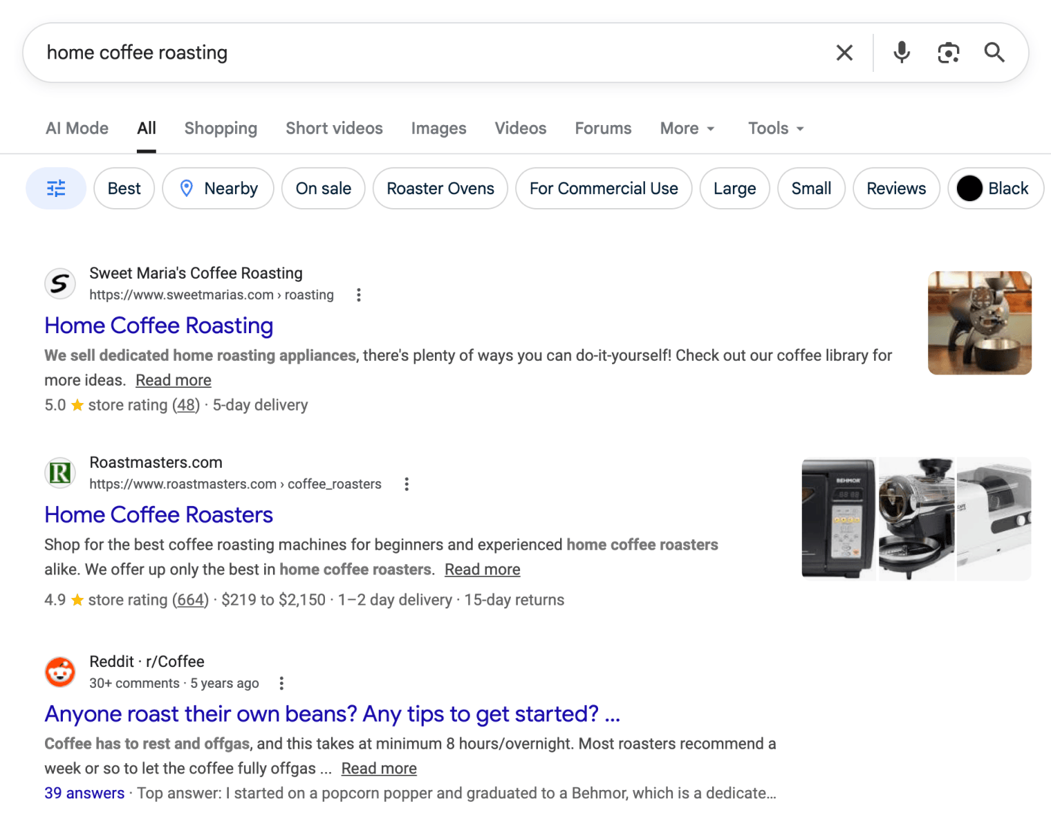 Mixed keyword intent search results for "home coffee roasting"