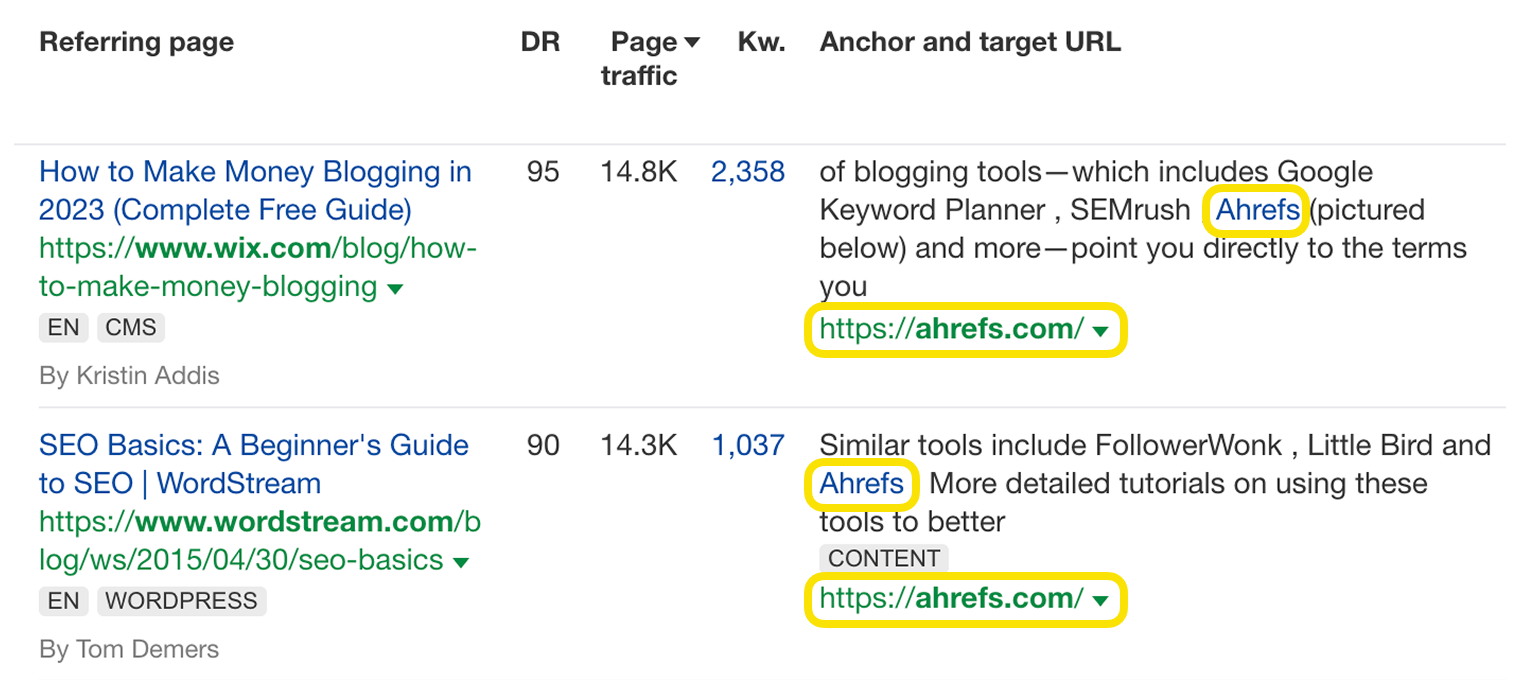 Screenshot of referring pages linking to ahrefs.com homepage in Site Explorer